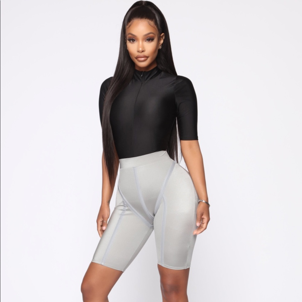 metallic gray biker shorts